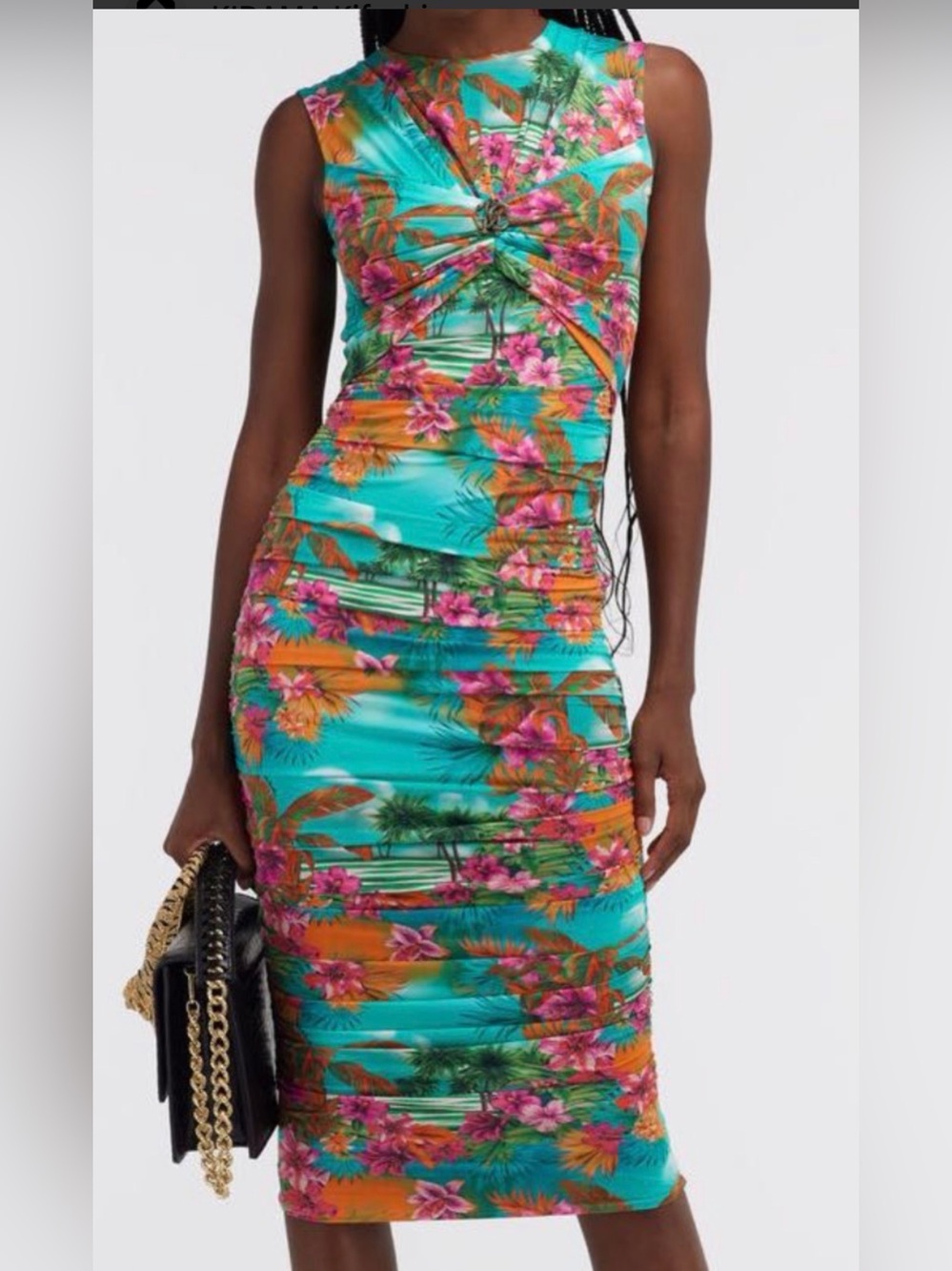 Roberto Cavalli Turquoise Floral Tropical Ruched Maxi Dress